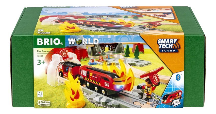 Drevená vláčikodráha s požiarnym vlakom Fire Rescue Set Smart Tech Sound BRIO so zvukom a svetlom a interaktívne prvky s pripojením na aplikáciu 41 di