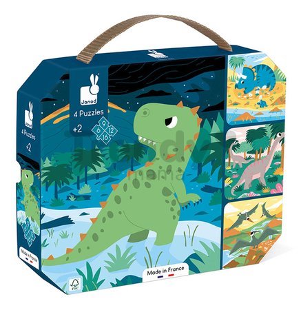 Puzzle v kufríku 4v1 Dinosaury Dinosaurs Janod 6-9-12-16 dielov od 24 mes