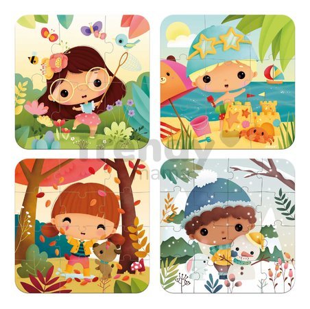 Puzzle v kufríku 4v1 Ročné obdobia The 4 Seasons Janod 6-9-12-16 dielov od 24 mes