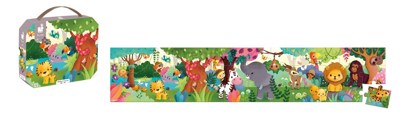 Puzzle v kufríku Džungľa Wild Animals Janod panoramatické 36 dielov od 4 rokov