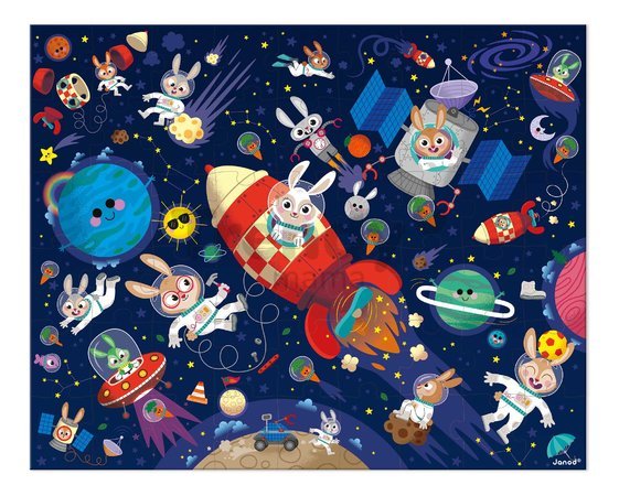 Puzzle v kufríku Raketa vo vesmíre Rocket Janod 54 dielov od 5 rokov