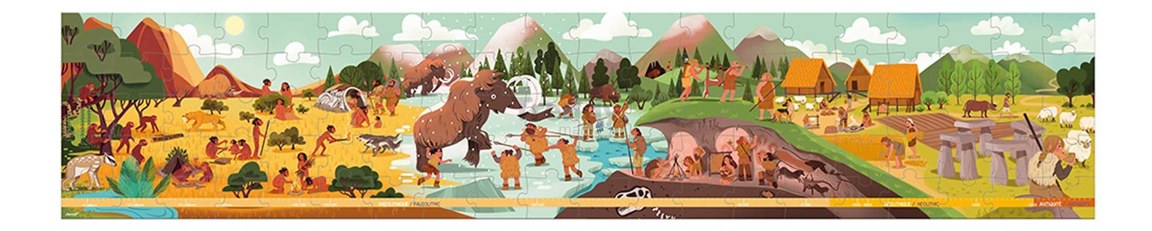 Puzzle v kufríku Pravek Prehistory Frieze Janod panoramatické 100 dielov od 6 rokov