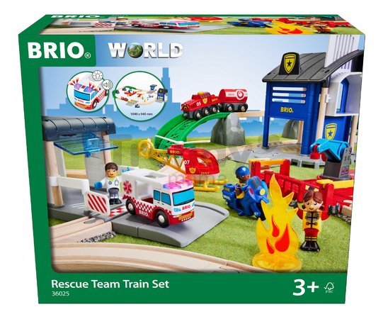 Drevená vláčikodráha so záchranárským tímom Rescue Team Train Set BRIO 38 dielov sanitka so zvukom a svetlom a policajné autíčko so stanicou a 3 figúr