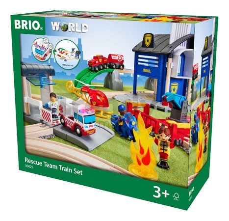 Drevená vláčikodráha so záchranárským tímom Rescue Team Train Set BRIO 38 dielov sanitka so zvukom a svetlom a policajné autíčko so stanicou a 3 figúr
