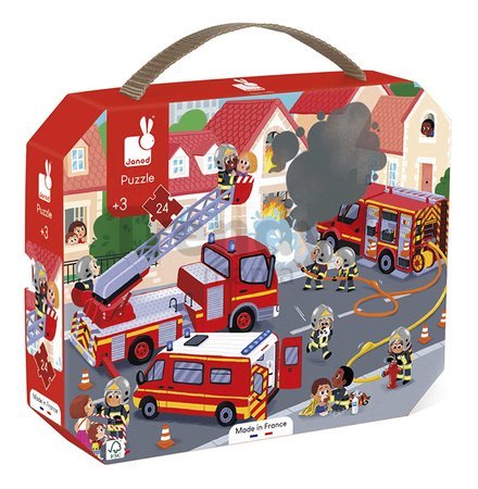 Puzzle v kufríku Požiarnici Firemen Janod 24 dielov