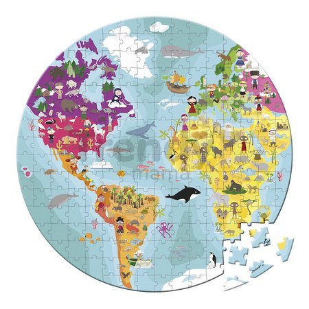 Puzzle v kufríku Zemeguľa World Janod obojstranné okrúhle 208 dielov od 7 rokov