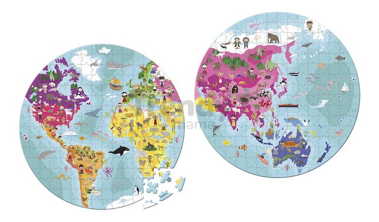 Puzzle v kufríku Zemeguľa World Janod obojstranné okrúhle 208 dielov od 7 rokov