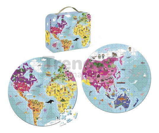 Puzzle v kufríku Zemeguľa World Janod obojstranné okrúhle 208 dielov od 7 rokov