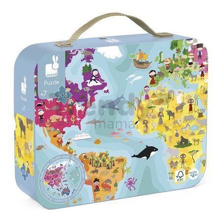 Puzzle v kufríku Zemeguľa World Janod obojstranné okrúhle 208 dielov od 7 rokov