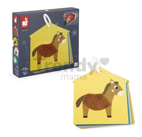 Senzorické karty Zvieratká na farme Farm Tacticle Cards Set Janod na rozvoj hmatu 6 kariet od 12 mes