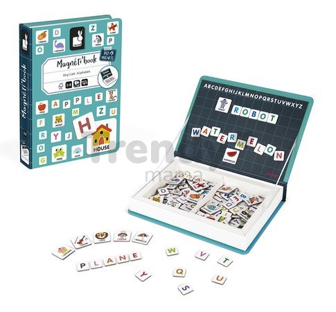 Magnetická kniha Anglická abeceda English Alphabet Magnetibook Janod 26 ilustrovaných magnetiek a 116 písmen