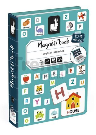 Magnetická kniha Anglická abeceda English Alphabet Magnetibook Janod 26 ilustrovaných magnetiek a 116 písmen