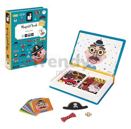 Magnetická kniha Zábavné tváre chlapci Boy's Crazy Faces Magnetibook Janod 70 magnetiek a 12 šablón
