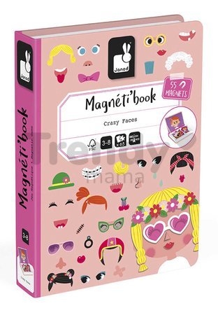 Magnetická kniha Zábavné tváre dievčatá Girl's Crazy Faces Magnetibook Janod 55 magnetiek a 10 šablón
