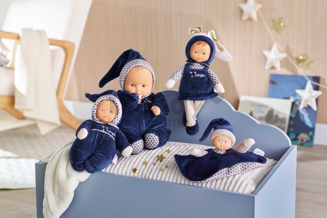 Bábika na maznanie Tidoudou Navy Blue Starry Dreams Mon Doudou Corolle z extra jemného textilu s modrými očami 17 cm od 0 mes