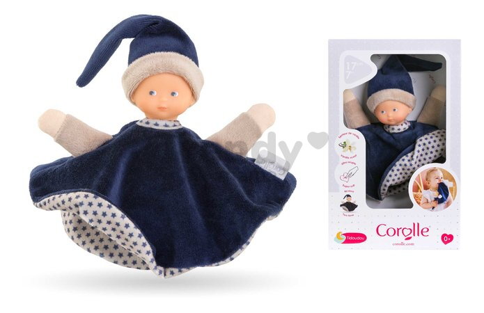 Bábika na maznanie Tidoudou Navy Blue Starry Dreams Mon Doudou Corolle z extra jemného textilu s modrými očami 17 cm od 0 mes