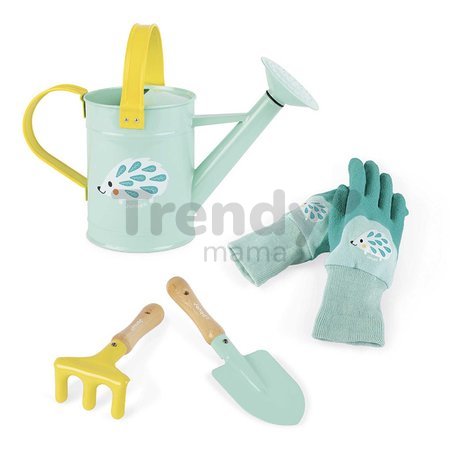 Sada záhradného náradia Little Gardener Playset Happy Garden Janod hrabličky rýľ krhlička a rukavice