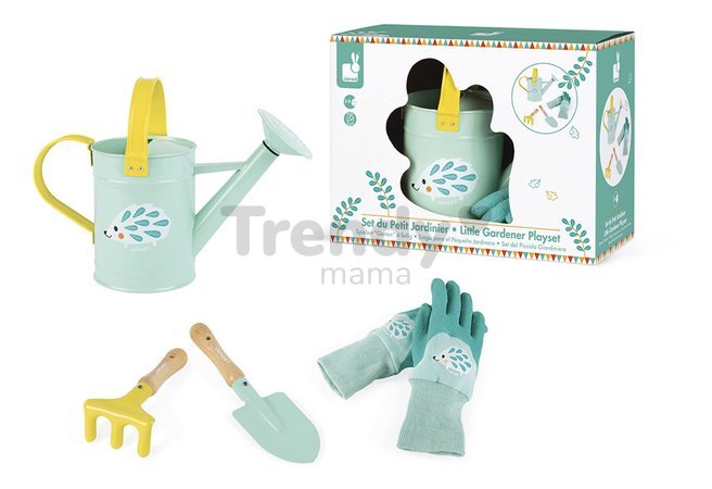 Sada záhradného náradia Little Gardener Playset Happy Garden Janod hrabličky rýľ krhlička a rukavice