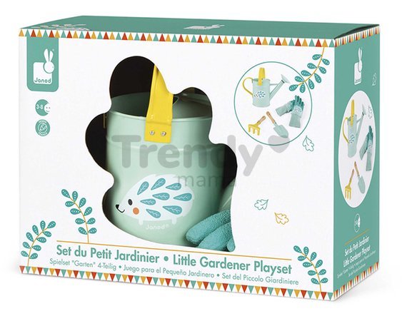 Sada záhradného náradia Little Gardener Playset Happy Garden Janod hrabličky rýľ krhlička a rukavice
