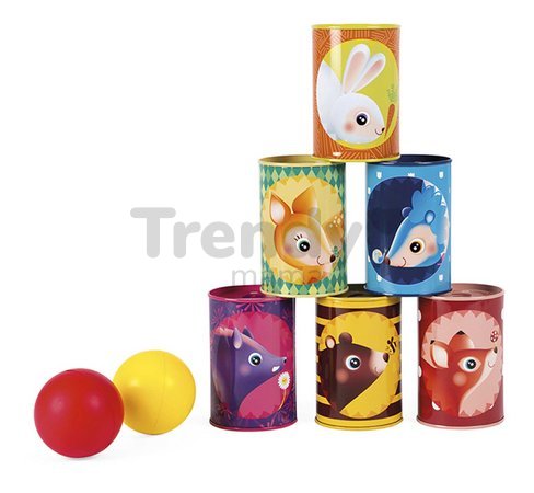 Hra pre deti plechovky Les Forest Tumbling Cans Janod 6 plechoviek a 2 loptičky