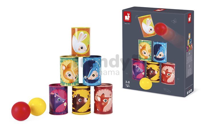Hra pre deti plechovky Les Forest Tumbling Cans Janod 6 plechoviek a 2 loptičky
