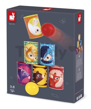 Hra pre deti plechovky Les Forest Tumbling Cans Janod 6 plechoviek a 2 loptičky
