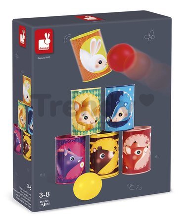 Hra pre deti plechovky Les Forest Tumbling Cans Janod 6 plechoviek a 2 loptičky