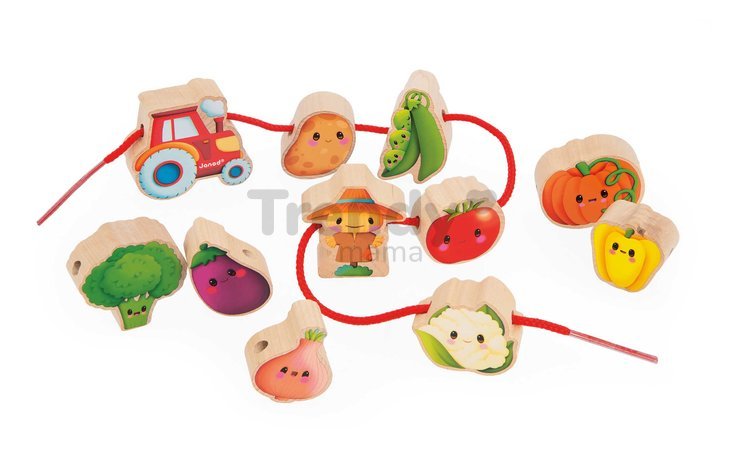 Drevená reťaz prevliekačka Zelenina Vegetable Garden Threading Beads Janod 11 drevených dielikov a 2 šnúrky od 24 mes