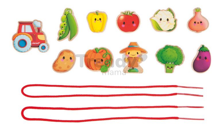 Drevená reťaz prevliekačka Zelenina Vegetable Garden Threading Beads Janod 11 drevených dielikov a 2 šnúrky od 24 mes