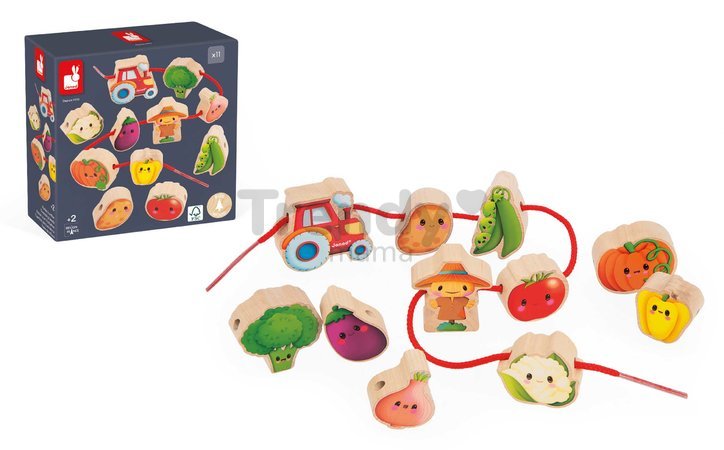 Drevená reťaz prevliekačka Zelenina Vegetable Garden Threading Beads Janod 11 drevených dielikov a 2 šnúrky od 24 mes
