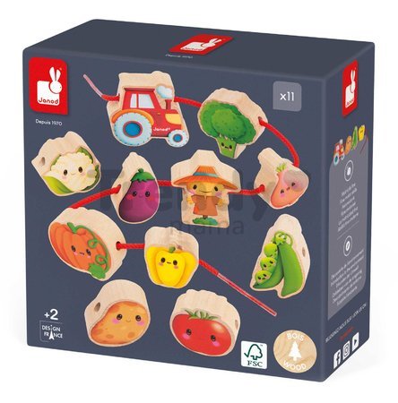 Drevená reťaz prevliekačka Zelenina Vegetable Garden Threading Beads Janod 11 drevených dielikov a 2 šnúrky od 24 mes
