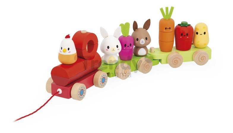 Drevený vláčik na ťahanie Farma Farm Pull-along Train Janod so šnúrkou od 12 mes