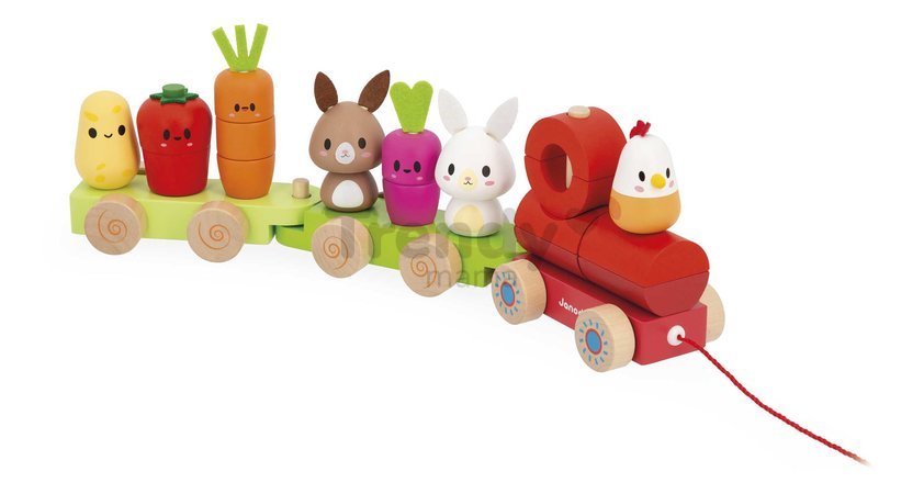 Drevený vláčik na ťahanie Farma Farm Pull-along Train Janod so šnúrkou od 12 mes