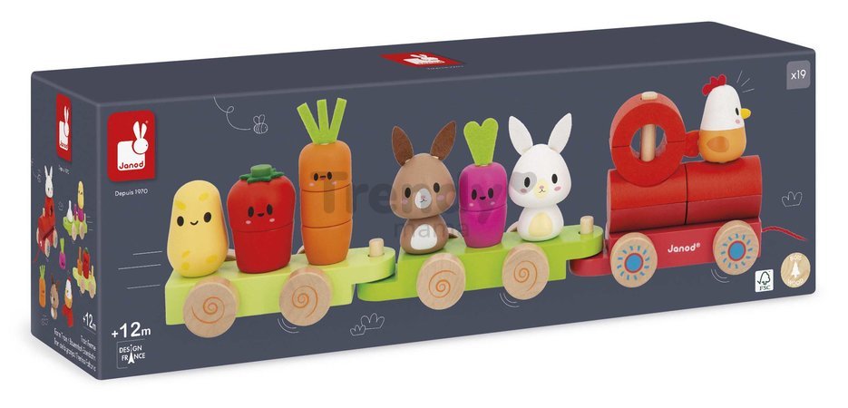 Drevený vláčik na ťahanie Farma Farm Pull-along Train Janod so šnúrkou od 12 mes
