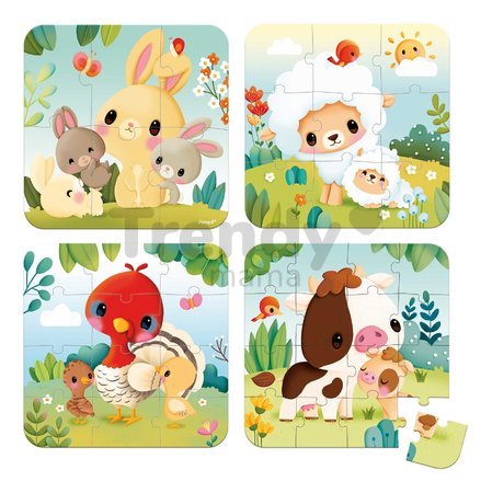 Puzzle v kufríku 4v1 Zvieratká z farmy Farm Animals Evolving Puzzles Janod 6-9-12-16 dielov od 24 mes