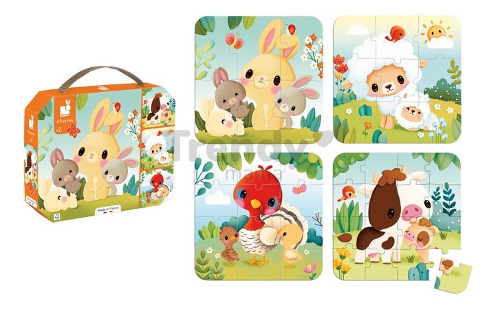 Puzzle v kufríku 4v1 Zvieratká z farmy Farm Animals Evolving Puzzles Janod 6-9-12-16 dielov od 24 mes