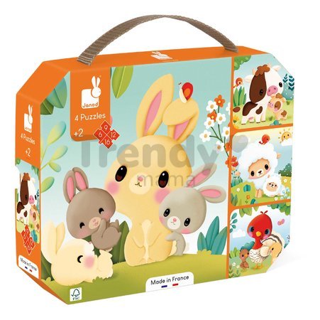 Puzzle v kufríku 4v1 Zvieratká z farmy Farm Animals Evolving Puzzles Janod 6-9-12-16 dielov od 24 mes