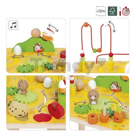 Drevený didaktický stolík s aktivitami Farma Wooden Farm Activity Table Janod 7 aktivít od 12 mes