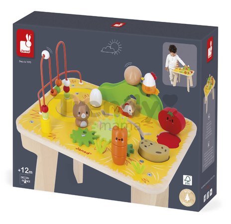 Drevený didaktický stolík s aktivitami Farma Wooden Farm Activity Table Janod 7 aktivít od 12 mes