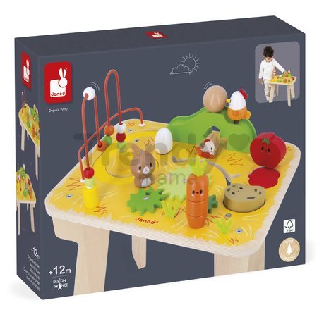 Drevený didaktický stolík s aktivitami Farma Wooden Farm Activity Table Janod 7 aktivít od 12 mes