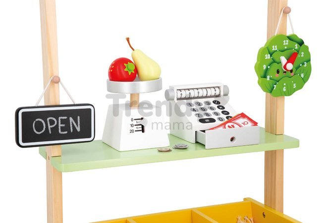 Drevený obchod Farm Market Merchant Janod s pokladňou váhou ovocím a zeleninou