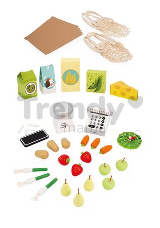 Drevený obchod Farm Market Merchant Janod s pokladňou váhou ovocím a zeleninou