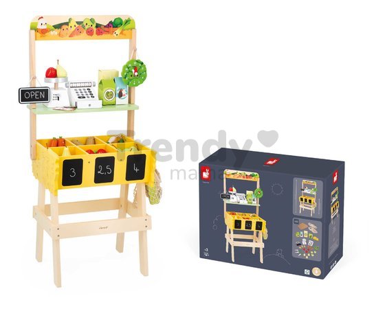 Drevený obchod Farm Market Merchant Janod s pokladňou váhou ovocím a zeleninou