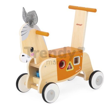 Drevené odrážadlo Somárik Wooden Donkey Carrier Janod s vkladačkou od 12 mes