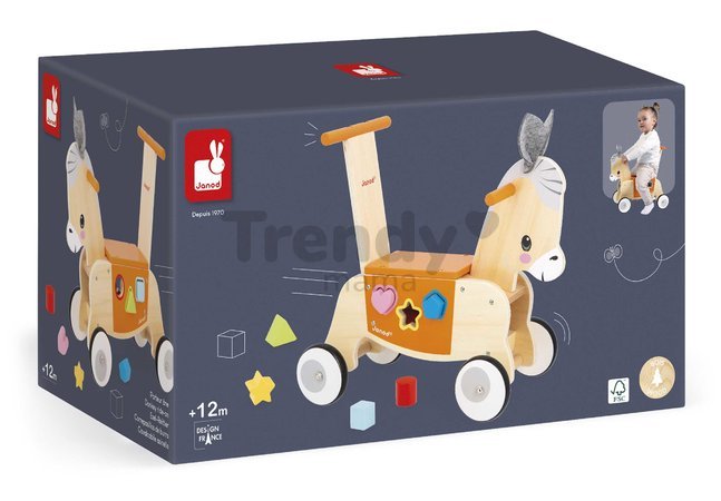 Drevené odrážadlo Somárik Wooden Donkey Carrier Janod s vkladačkou od 12 mes