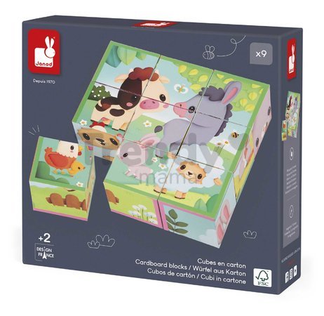 Kartónové obrázkové kocky Farma Cardboard Blocks Janod 9 dielov od 24 mes