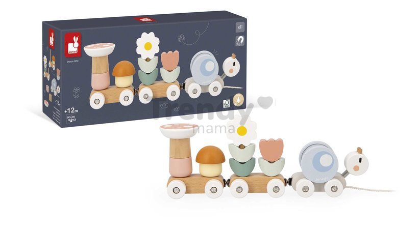 Drevený vláčik na ťahanie Slimák Snail Pull-Along Train Sweet Cocoon Janod so šnúrkou od 12 mes