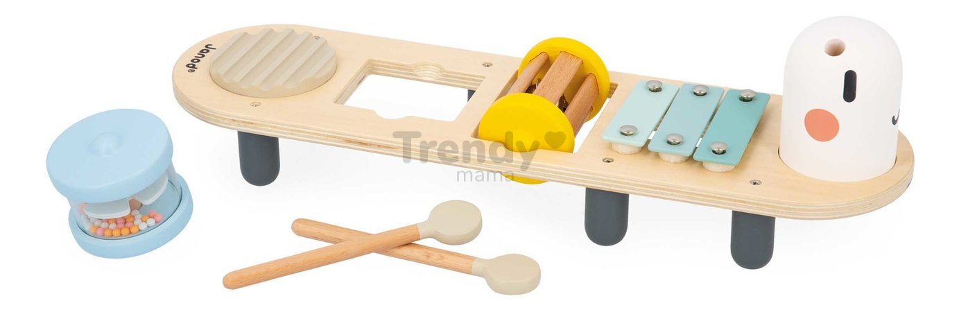 Drevený hudobný stolík Húsenica Caterpillar Musical Stand Sweet Cocoon Janod 5 hudobných nástrojov od 12 mes J04058