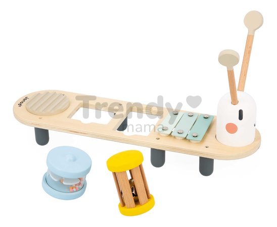 Drevený hudobný stolík Húsenica Caterpillar Musical Stand Sweet Cocoon Janod 5 hudobných nástrojov od 12 mes J04058