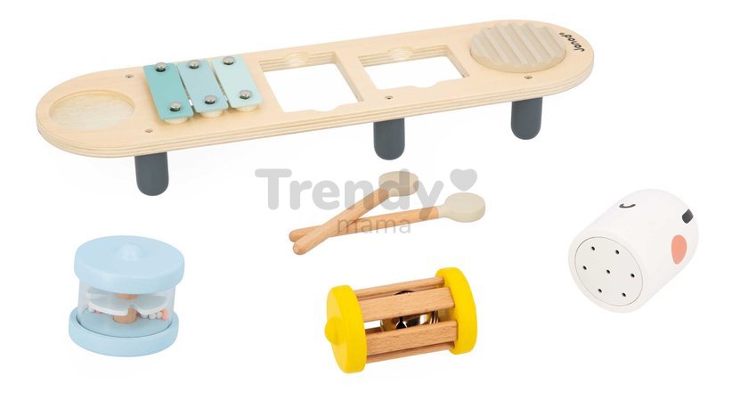 Drevený hudobný stolík Húsenica Caterpillar Musical Stand Sweet Cocoon Janod 5 hudobných nástrojov od 12 mes J04058
